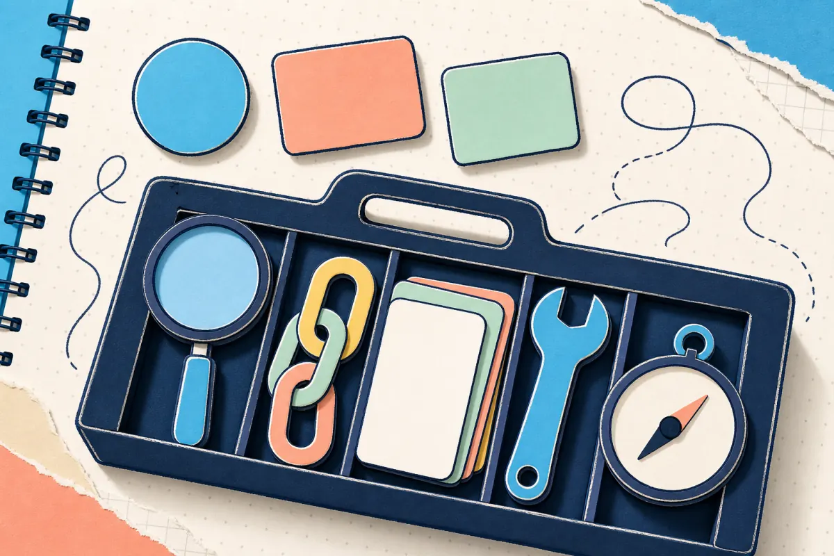 Paper-cut notebook workbench holding a magnifying lens, linked shapes, blank cards, wrench, and compass.
