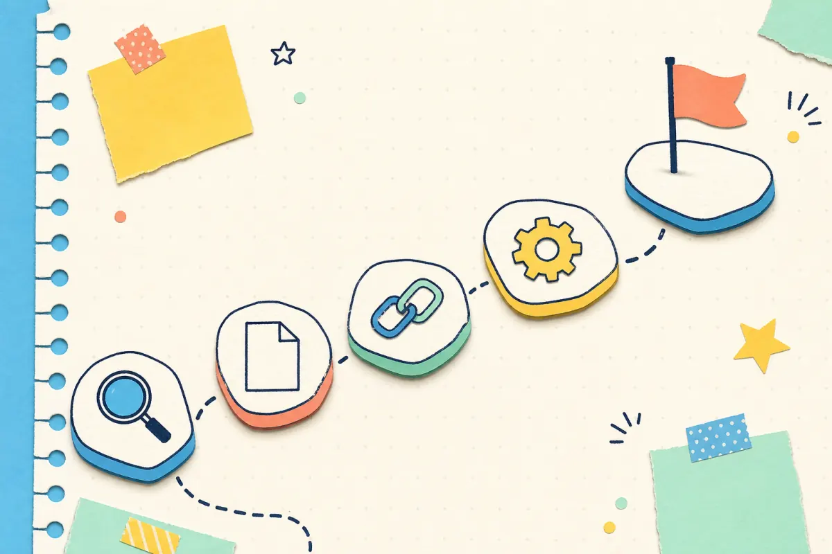 Notebook-paper path of tactile steps showing a magnifier, blank page, links, gear, and destination flag.