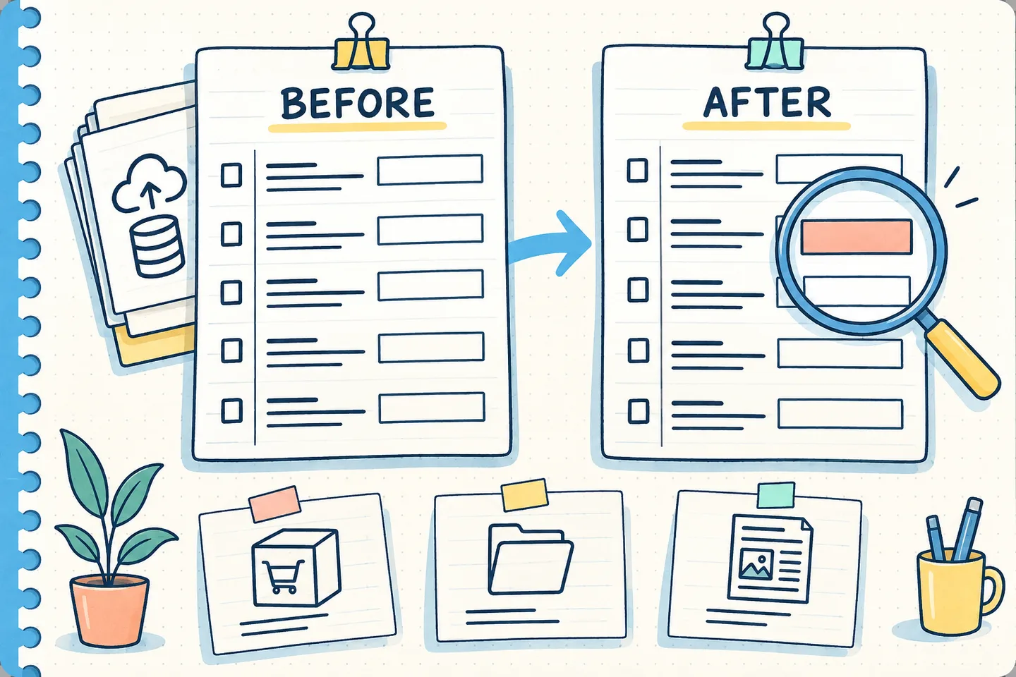 Notebook illustration comparing before-and-after metadata checklists, with a magnifying glass highlighting a blank field and cards representing product, category, and article pages.