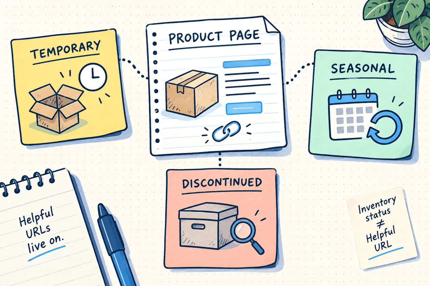 Doodle notebook showing a product page linked to temporary, seasonal and discontinued stock notes, illustrated with an empty box and clock, a returning calendar, and an archive box under review.