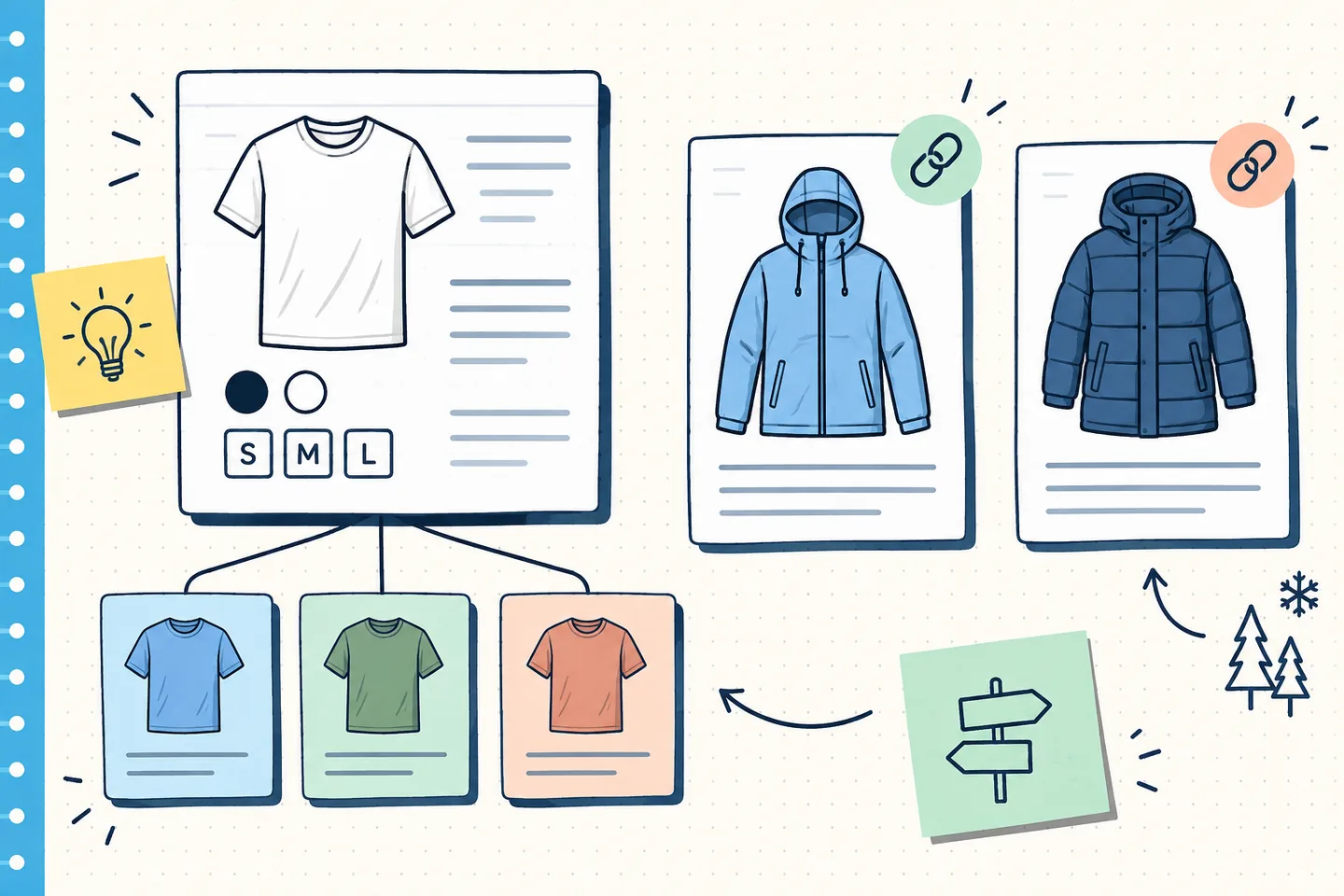 Notebook-style illustration grouping T-shirt variations under one product page beside separate pages for a rain jacket and an insulated winter coat.